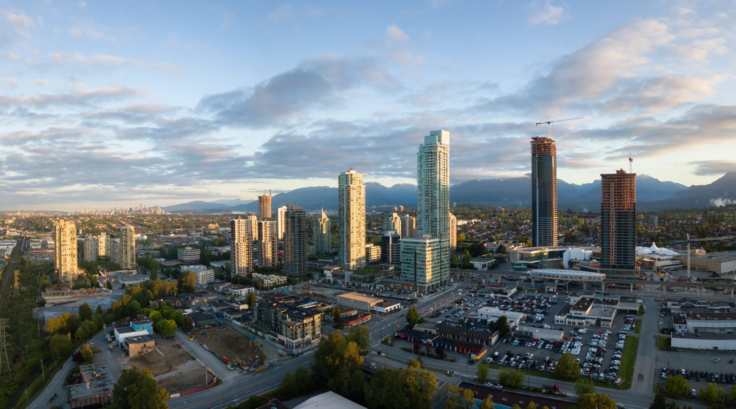 Aerial panoramic view of Residential Buildings and Construction Sites around Brentwood Mall. Taken in Burnaby, Greater Vancouver, BC, Canada